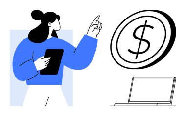 Finans, teknoloji, e-ticaret, çevrimiçi bankacılık, dijital işlemler, ekonomik büyüme. Tablet tutan kadın dolar işaretini işaret ediyor. Elementler aracılığıyla finans ve teknoloji