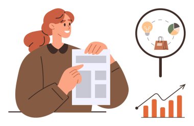 İş analizi, piyasa stratejisi, veri eğilimleri, rapor sunumu, büyüme değerlendirmesi, performans değerlendirmesi. İş simgeleri ve çizelgesi olan bir kadın. İş analizi ve pazar