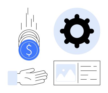 Finansal teknoloji konsepti. Maddi işlemler, madeni paralar ve bir el ile, teknolojiyi bir dişli ve veri elemanları ile birleştirin. Finansal uygulamalar, dijital bankacılık, yenilik, otomasyon ve dijital
