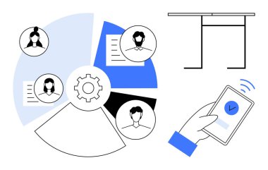 Takım işbirliği, işgücü yönetimi, dijital güvenlik, mobil doğrulama, uzaktan çalışma, veri yönetimi. Dişliler, insan simgeleri ve akıllı telefonlu dairesel diyagram. İşgücü yönetimi