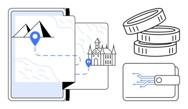 Dijital cüzdanlar, turizm, kripto para birimi, navigasyon, seyahat teknolojisi, işlem güvenliği. Yer işaretleri, güzergahlar, bozuk paralar ve cüzdan çizimleri olan bir harita. Turizm ve kripto para birimi entegrasyonu