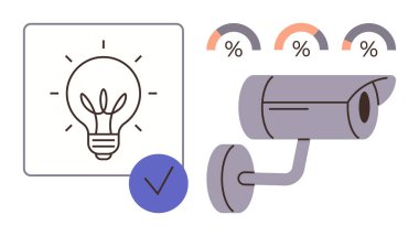 Akıllı teknoloji, ev güvenliği, yenilik, gözetleme, veri analizi. Kontrol işaretli bir ampul, güvenlik kamerası ve ilerleme çizelgesi. Akıllı teknoloji ve ev güvenliği kavramları