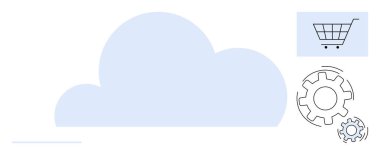 E-ticaret, bulut teknolojisi, yazılım çözümleri, çevrimiçi perakende, otomasyon, dijital dönüşüm. Alışveriş arabası ve vites simgeleriyle birlikte büyük bir bulut. Bulut teknolojisi ve e-ticaret