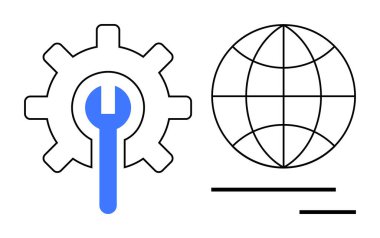 Küresel ayarlar, yazılım araçları, teknoloji yönetimi, teknik destek, onarım hizmetleri, bilişim sistemleri. Küre simgesinin yanında ingiliz anahtarı olan bir vites. Genel ayarlar ve yazılım araçları kavramı