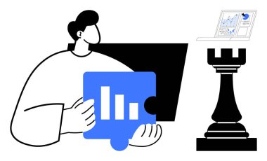 İş stratejisi, analitik, karar verme, veri görselleştirme, takım çalışması, stratejik düşünme. Adamın biri satranç kalesinin yanında veri tablosu tutuyor ve ekranda analiz yapıyor. İş stratejisi