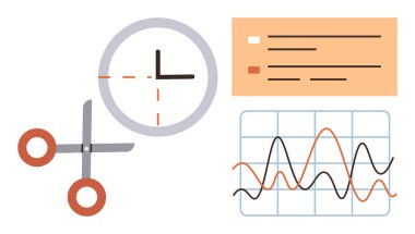 Veri analizi, zaman izleme, planlama, görev organizasyonu, üretkenlik araçları, iş akışı kavramları. Saat, makas veri tablosu ve liste illüstrasyonu. Zaman yönetimi ve veri analizi