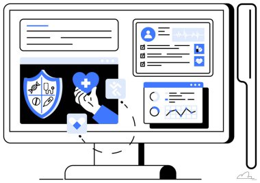 TeleHealth, dijital tıbbi kayıtlar, sağlık denetimi, online danışmanlık, hasta bakımı, teknoloji entegrasyonu. Sağlık hizmetleri simgeleri ve grafiklerini göster. TeleHealth ve Dijital Tıbbi Kayıtlar