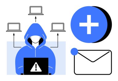 Siber güvenlik tehdidi. Birden fazla bilgisayara erişen hacker siber güvenlik sorunlarını vurguluyor. Siber güvenlik veri korumasını, şifreli iletişimi ve güvenlik işlemlerini sağlar. IT güvenliği için