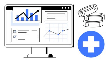 Finansal planlama, sağlık izleme, veri analizleri, iş büyümesi, pazar izleme ve yatırım sezgileri. Grafikler, madeni paralar ve sağlık sembolü olan bir bilgisayar ekranı. Mali planlama