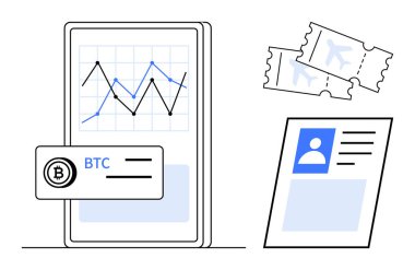 Kripto para birimi konsepti. Gezici bir ekranda BTC ile kripto para birimi ilerlemesi seyahat biletleri ve doğrulama için kimlik kartları. Fintech, engelleme zinciri, seyahat, dijital cüzdanlar