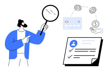 Büyüteçle inceleme, ödeme kartı işlemleri, onaylanmış belge. Dolandırıcılığı önleme, kimlik doğrulama, uyum, bankacılık, finans, güvenlik soruşturması için ideal