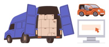 E-ticaret, lojistik, teslimat, nakliye ve paketleme, online alışveriş, ulaşım. Kutuları olan bir minibüs, küçük bir araba imleci olan bir ekran. E-ticaret ve lojistik kavramı