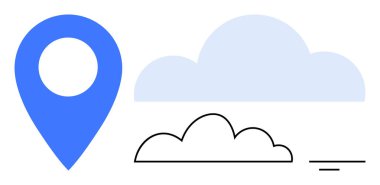 Navigasyon konsepti. Mavi iğne ve bulut sembolleri dijital bağlantıyı, bulut tabanlı sistemleri ve modern navigasyonu araştırır. Bulut hizmetleri, GPS uygulamaları, harita teknolojisi, veri paylaşımı