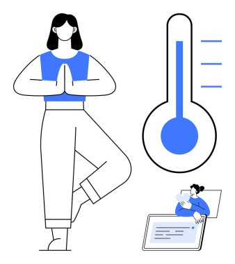 Sağlık ve sağlık teması. Yoga yoluyla sağlık görselleştirme, teknolojiyle sağlık izleme ve termometre sağlık izleme. Sağlık hizmetleri, fitness, farkındalık, uygulamalar ve teknolojide sağlık kullanımı