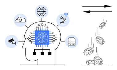 Yapay zeka, otomasyon, veri işleme, finansal teknoloji, siber güvenlik, robot bilimi. Yapay zeka çipli insan kafası, birbirine bağlı simgeler düşüyor. Yapay zeka ve otomasyon