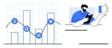 İş analizleri, veri eğilimleri, performans takibi, finansal içgörüler, takım çalışması, karar verme mekanizması. Simgeli çubuk grafikler ve elinde tablet tutan bir profesyonel. İş analizleri ve veri eğilimleri