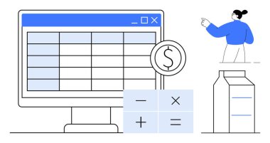 Finansal analitik, bütçe, dijital araçlar, maliyet planlaması, e-ticaret ve işletme yönetimi. Üzerinde para birimi sembolü, hesap makinesi ve ürünün yanındaki kişi olan hesap tablosu. Finansal analiz