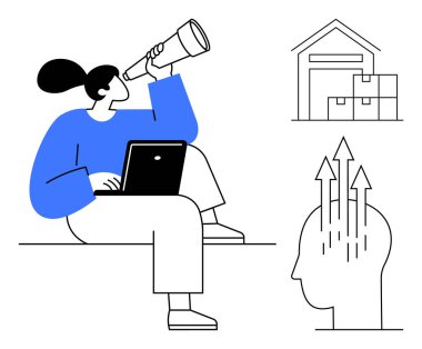 İş stratejisi. Dizüstü bilgisayarı olan bir kadın teleskop planlama ve öngörüyle bakar. Depo ve yenilik simgelerini içerir. İş büyümesi, lojistik ve planlama. İş için mükemmel.