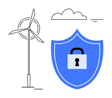 Siber güvenlik kavramı. Rüzgar türbininin yanında kilit sembolü olan bir güvenlik kalkanı yenilenebilir enerji. Temiz teknoloji ve enerji altyapısı için siber güvenlik. Teknoloji ve enerji sektörleri için