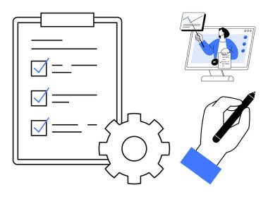 İş akışı yönetimi. İş akışı öğeleri arasında görev organizasyonu için kontrol listesi, dişli ve el yazısı yer almaktadır. Takım işbirliği ve süreç verimliliği için online Workflow sunumu. Proje için
