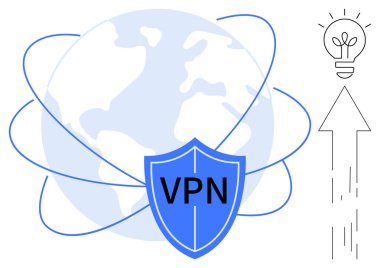 İnternet güvenliği, veri koruması, çevrimiçi gizlilik, küresel bağlantı, yenilik, teknoloji büyümesi. Bağlı dünya üzerinde VPN kalkanı ve yukarı doğru oklu ampul. İnternet güvenliği ve verileri
