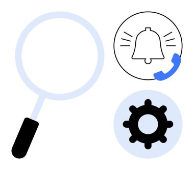 Arama işlevselliği kavramı. Aerodinamik dijital navigasyon ararken, dişli ve bildirim simgeleri uygulamanın işlevselliğini artırır. Uygulamalar, ayarlar, teknoloji araçları ve web tasarımları için ideal