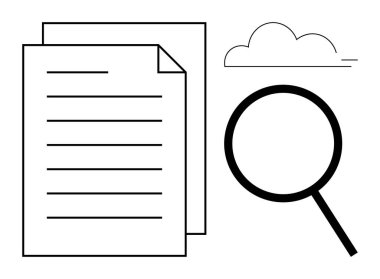 Bir yığın belge, büyüteç ve bulut araştırma, analiz, veri depolama ve bağlantı temaları. Dijital araçlar, bulut hizmetleri, öğrenme teknolojisi bürosu görevleri için ideal