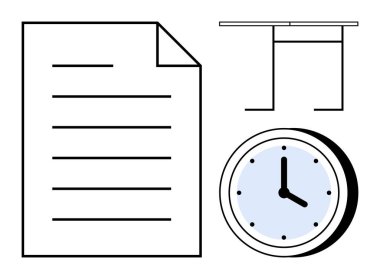 Zaman yönetimi, ofis organizasyonu, verimlilik araçları, iş planlaması, proje teslim tarihleri, verimli iş akışı. Kağıt çarşaf, saat ve masa taslağı. Zaman yönetimi ve ofis organizasyonu