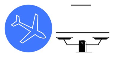 Seyahat, eşitlik, adalet, denge konsepti, hava ulaşımı, karar verme. Bir uçağın simgesi ve pullar yan yana. Ulaşım ve adalet dengesi yoluyla seyahat ve eşitlik