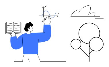 Eğitim, öğrenme, matematik, yaratıcılık, öğretim, soyut kavramlar. XY grafiği çizen kişi, ağaç bulutu. Eğitim ve öğrenme kavramı görsel olarak