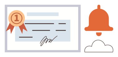 Sertifika, başarı, başarı, bildirimler, dijital uyarılar, belge doğrulama. Bir sertifika imzalı bir kurdele ve bir çan simgesi. Sertifika ve başarı kavramı