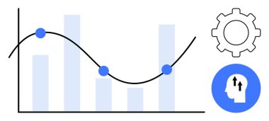 Veri analizi. Grafik eğilimleri ve istatistikler, süreç optimizasyonu için vites sembolü ve stratejik iyileşme için büyüme ikonu. Teknoloji, iş görüşleri, AI, finans ve strateji için veri analizleri