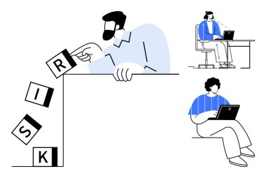 Risk yönetimi. Takım etkileşimi ve iş birliği iş risk senaryolarını ele alıyor. Risk yönetimi, önleyici eylemleri tasvir etmek için düşen engellerle gösterilir. İş için, problem çözmek için.