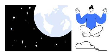 Sağlık, farkındalık, küresel bağlantı, iç huzur, sürdürülebilirlik, rahatlama. Yoga pozisyonunda meditasyon yapan bir kadın, yıldızlar ve arka planda Dünya. Refah ve farkındalık sembolizm