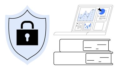 Veri koruması, dijital güvenlik, bilgi yönetimi, iş analizleri, bilgi güvenliği, eğitim. Kilitli kalkanlar, analitik gösteren kitaplar ve dizüstü bilgisayarlar. Siber güvenlik ve bilgi