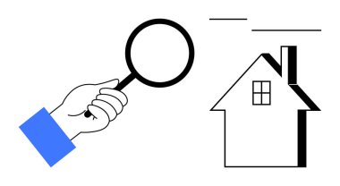 Emlak, emlak denetimi, konut piyasası araştırması, kira araması, ev satın alma, emlak hizmetleri. Evin dış hatlarının yakınında bir büyüteç tutuyor. Emlak ve emlak denetimi