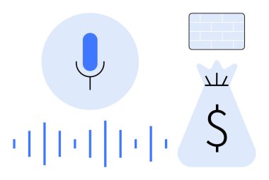 Mikrofon simgesi, ses dalgası, dolar para çantası ve güvenli işlemleri, ses işlemeyi ve korumayı temsil eden dijital elementler. Finans, ses yapay zekası, siber güvenlik Fintech uygulamaları için ideal