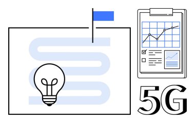Teknoloji evrimi, dijital altyapı, yüksek hızlı internet, iş stratejisi, yenilik, veri görselleştirme. Ampul, grafik ve 5G yazılı minimalist tasarım. Teknoloji evrimi