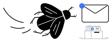 E- posta konsepti. CV dosyaları ve dijital posta bildirimlerinin etrafında bir sinek spam 'i. Posta spam uyarısı, riskleri karşılama ve güvenli yazışmalar. Siber güvenlik, dolandırıcılığı önleme, dijital güvenlik, e-posta