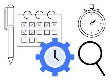 Kontrol işaretli takvim, kronometre, vites, büyüteç ve kalem planlama, üretkenlik, zaman izleme, analiz verimliliği hedef ayarlama ve organizasyonu temsil ediyor. İş akışı için ideal