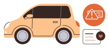 Otomotiv güvenliği, araç alarmları, ulaşım, uyarı sistemleri, araba tasarımı, araç özellikleri. Uyarı ve uyarı mesajlarının yanında küçük araba çizimleri de var. Otomotiv güvenliği ve araç uyarısı