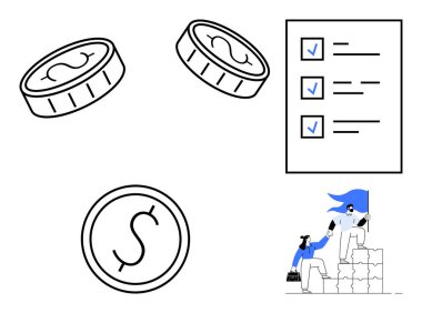 İş planlaması, finansal büyüme, takım çalışması, üretkenlik, amaç belirleme, liderlik. İkonik madeni paralar, işaretli eşyalar ve ikili tırmanma basamakları. Mali büyüme ve takım çalışması kavramı