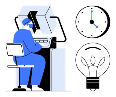 Üretkenlik, yenilik, iş verimliliği, zaman yönetimi, mühendislik, yaratıcı çözümler. İşçi makineleri. Üretkenlik ve yenilik kavramları zaman ve fikirlerle gösterilir.