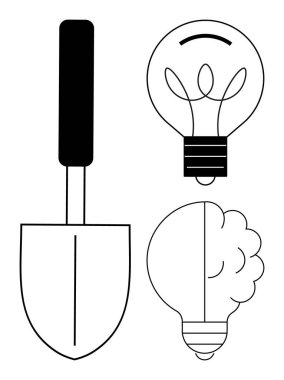 Yenilik, yaratıcılık, sürdürülebilirlik, icat, çevre dostu tasarım, beyin fırtınası. Minimalist bir kürek iyonu ve iki ampul. Basit tasarımlarda yaratıcılık ve yenilik kavramları