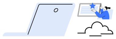 Bulut depolama, çevrimiçi öğrenme, dijital etkileşim, teknoloji hizmetleri, modern çalışma alanı, internet kullanıcıları. Bir dizüstü bilgisayar, bir bulut simgesi ve dijital tablet kullanan bir insan tasviri. Bulut deposu