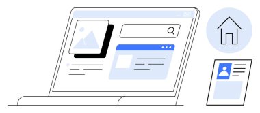 Dijital arama konsepti. Bir dizüstü bilgisayarın yön bulma simgelerinde, bağlantılarda ve profil verilerinde dijital arama gösterildi. Ev, ofis, eğitim, dijital araçlar ve iş için dijital arama