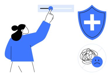 Akıl sağlığı, sağlık hizmetleri, duygusal destek, karar verme, terapi, ruh hali düzenlemesi. Sürgüyü ayarlayan kişi, üzgün yüzlü kalkan ve birbirine dolanmış halatlar. Ruh sağlığı ve sağlık