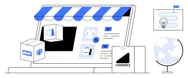 E-ticaret konsepti. Çevrimiçi alışveriş arabası, ürün taşımacılığı ve dijital mağaza arayüzü ile e-ticaret. E-ticaret, küçük işletmeler için küresel ticareti ve perakendeciyi düzene sokuyor. Uygun.