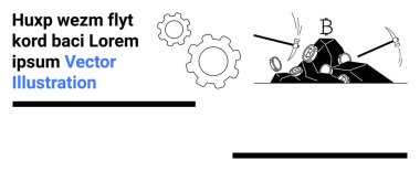 Kripto para birimi, engelleme teknolojisi, dijital para birimi, madencilik, finansal yenilik, veri işleme. Çarklar ve maden aletleri kripto sembollü kayaların üzerinde. Kripto para birimi ve engelleme teknolojisi