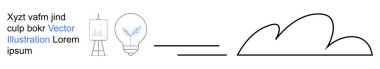 Yaratıcılık, yenilik, fikir üretimi, beyin fırtınası, sanat, görselleştirme. Sanat sehpası ve soyut sanat bulutunun yanında bir ampul. Yaratıcılık ve fikir üretimi kavramı